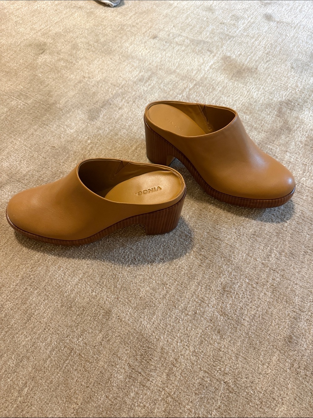 Vince Cognac Leather Block Heel Mules